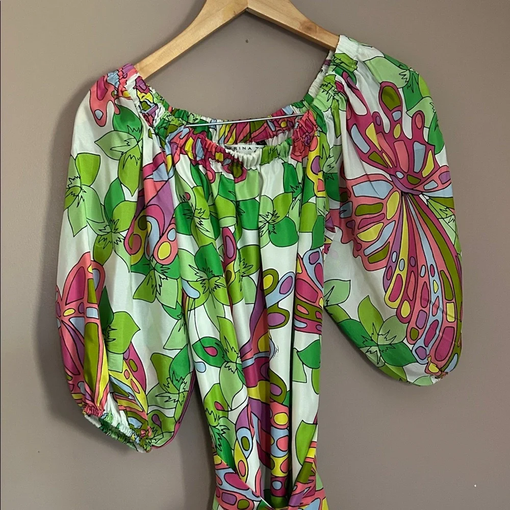 Trina Turk Off the Shoulder HighLow Floral Vibrant Multicolor Silk Dress Size S - Picture 13 of 14